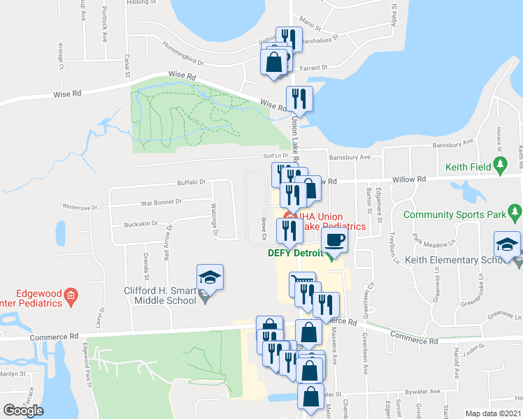 map of restaurants, bars, coffee shops, grocery stores, and more near 2492 Grove Circle in Commerce Charter Township