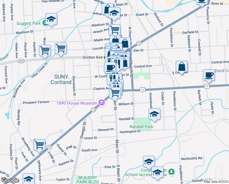 map of restaurants, bars, coffee shops, grocery stores, and more near Tompkins Street & Main Street in Cortland