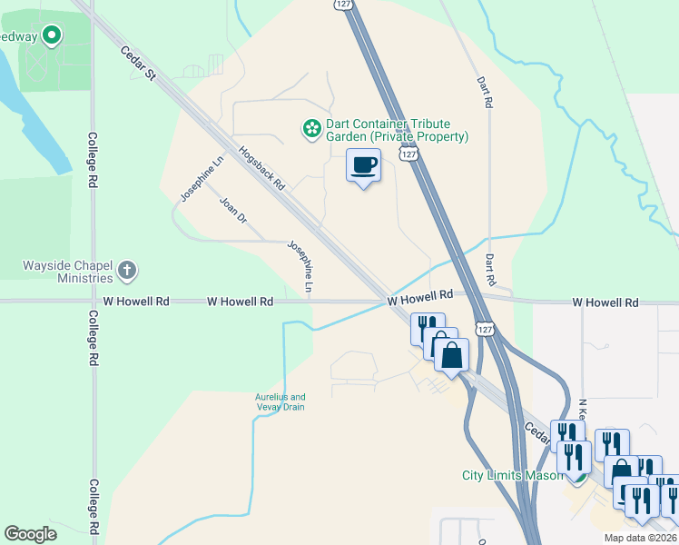 map of restaurants, bars, coffee shops, grocery stores, and more near 3731 Josephine Lane in Mason