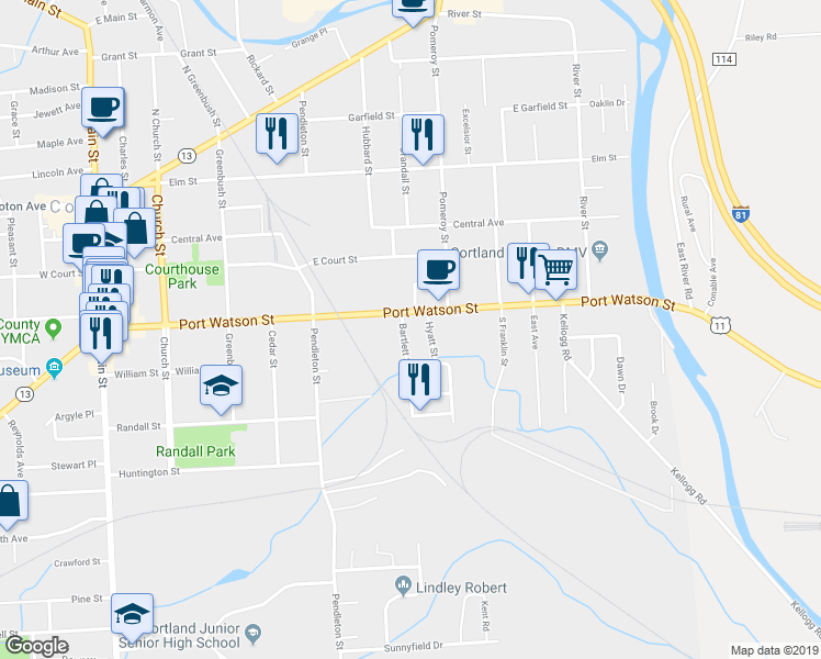 map of restaurants, bars, coffee shops, grocery stores, and more near 5 Bartlett Street in Cortland