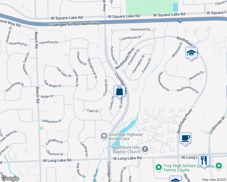 map of restaurants, bars, coffee shops, grocery stores, and more near 5453 Cheltenham Drive in Troy