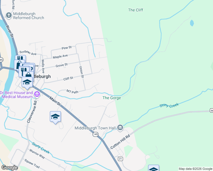 map of restaurants, bars, coffee shops, grocery stores, and more near 155 Gorge Road in Middleburgh