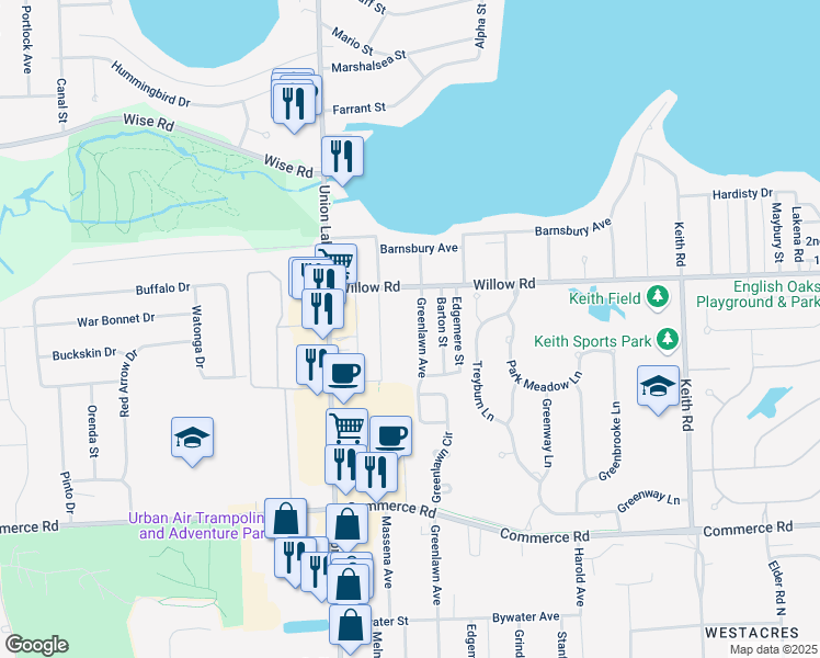 map of restaurants, bars, coffee shops, grocery stores, and more near 2635 Massena Avenue in Commerce Charter Township