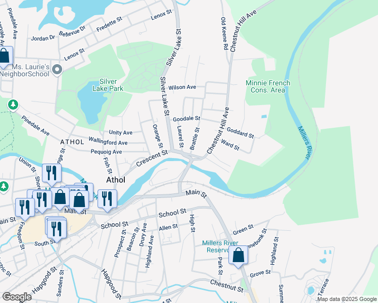 map of restaurants, bars, coffee shops, grocery stores, and more near 134 Chestnut Hill Avenue in Athol
