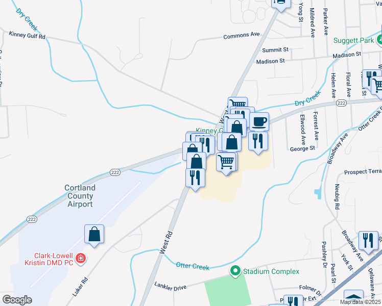 map of restaurants, bars, coffee shops, grocery stores, and more near 3927-3931 West Road in Cortland