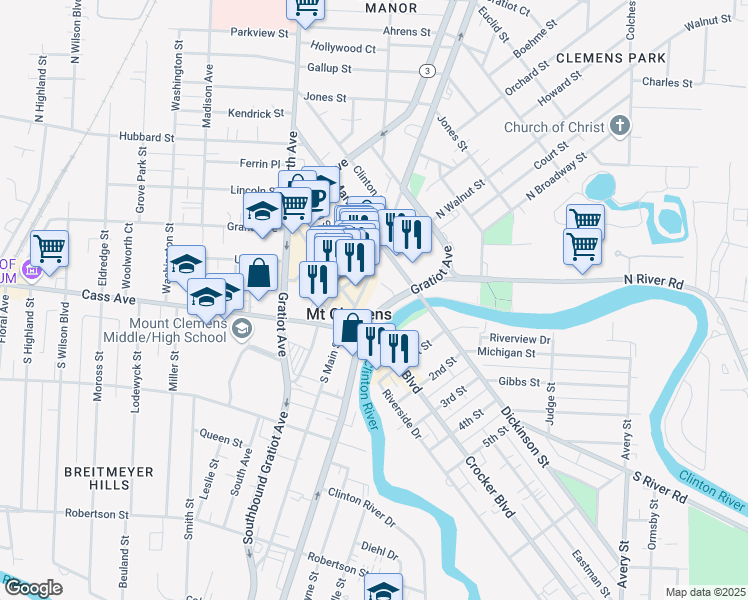 map of restaurants, bars, coffee shops, grocery stores, and more near in Mount Clemens