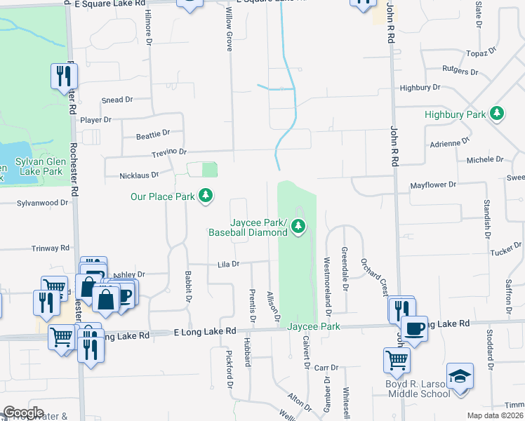 map of restaurants, bars, coffee shops, grocery stores, and more near 5341 Allison Drive in Troy