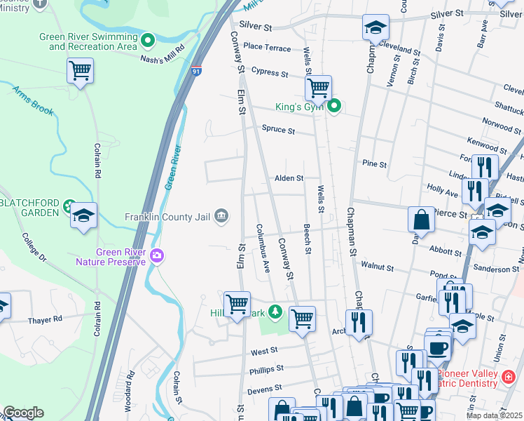 map of restaurants, bars, coffee shops, grocery stores, and more near 86 Columbus Avenue in Greenfield