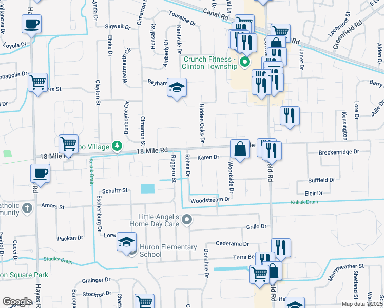 map of restaurants, bars, coffee shops, grocery stores, and more near 40836 Rehse Drive in Clinton Township