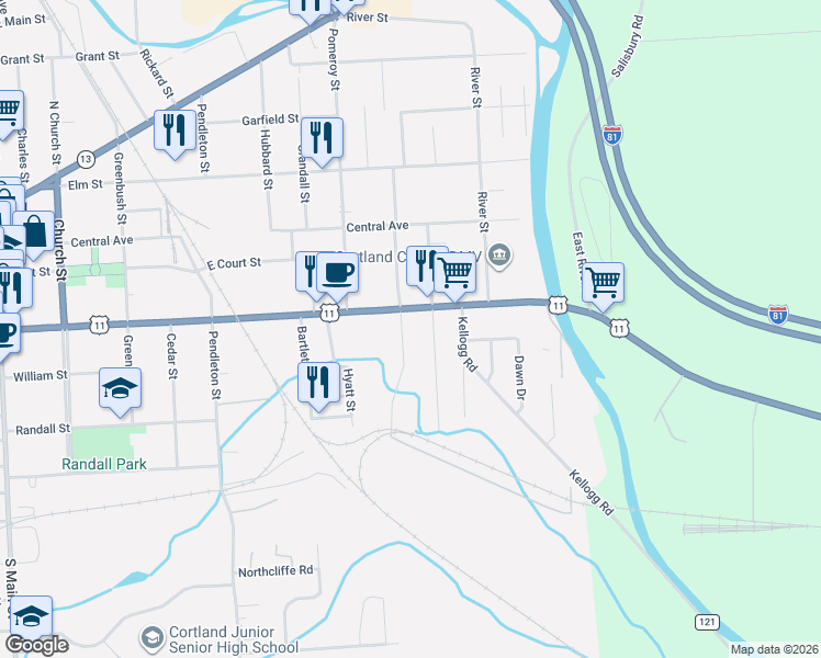 map of restaurants, bars, coffee shops, grocery stores, and more near 8 10 12 South Franklin Street in Cortland