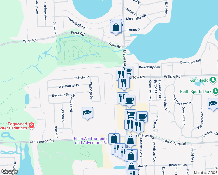 map of restaurants, bars, coffee shops, grocery stores, and more near 2551 Grove Circle in Commerce Charter Township