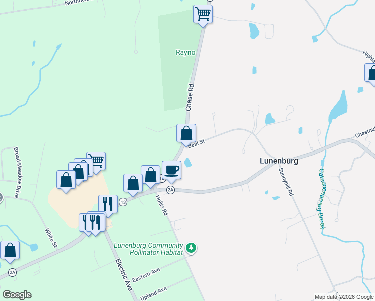 map of restaurants, bars, coffee shops, grocery stores, and more near 97 Chase Road in Lunenburg