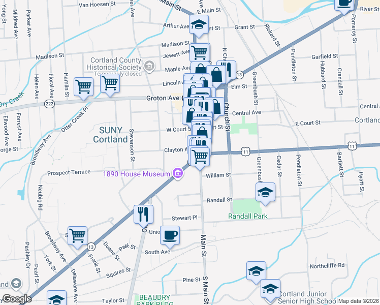 map of restaurants, bars, coffee shops, grocery stores, and more near 81 North Main Street in Cortland