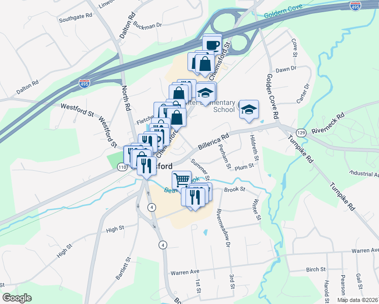 map of restaurants, bars, coffee shops, grocery stores, and more near 44 Billerica Road in Chelmsford