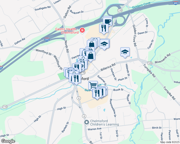 map of restaurants, bars, coffee shops, grocery stores, and more near 11 Wilson Street in Chelmsford