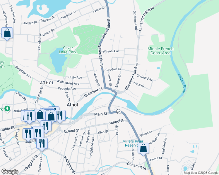 map of restaurants, bars, coffee shops, grocery stores, and more near 41 Massachusetts 32 in Athol