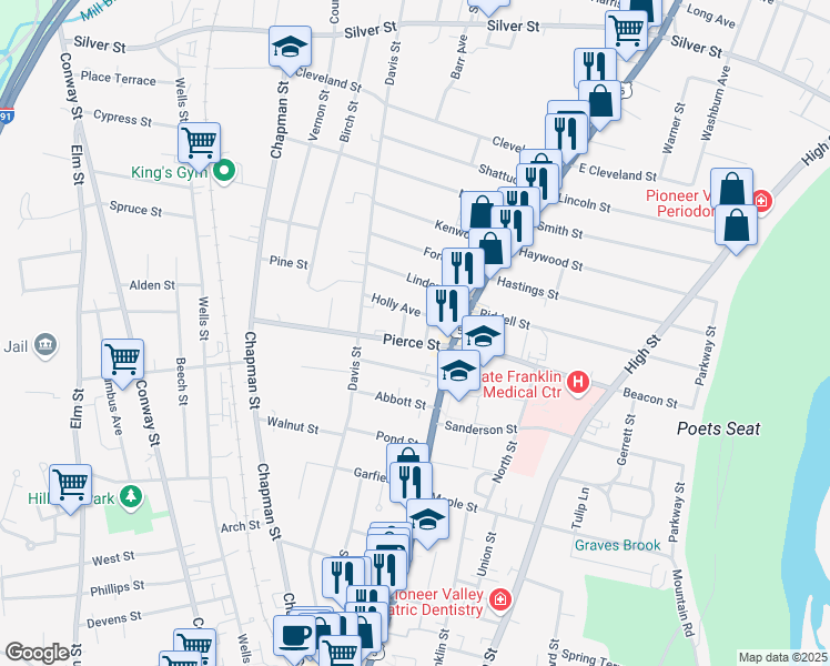 map of restaurants, bars, coffee shops, grocery stores, and more near 23 Holly Avenue in Greenfield