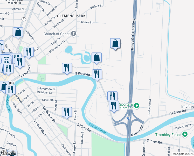 map of restaurants, bars, coffee shops, grocery stores, and more near 235 North River Road in Mount Clemens