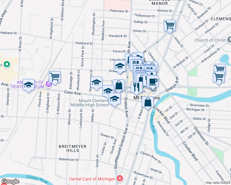 map of restaurants, bars, coffee shops, grocery stores, and more near in Mount Clemens