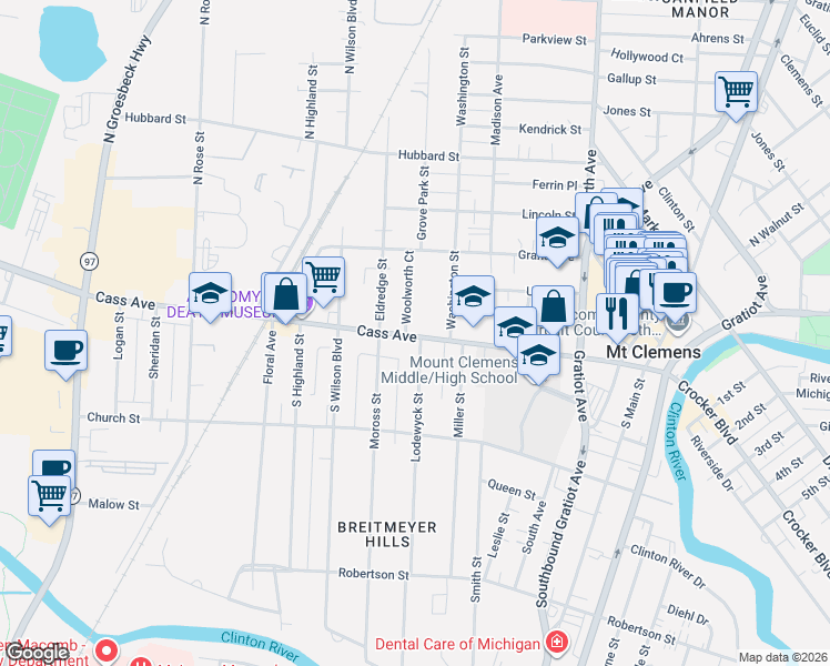 map of restaurants, bars, coffee shops, grocery stores, and more near 210 Cass Avenue in Mount Clemens