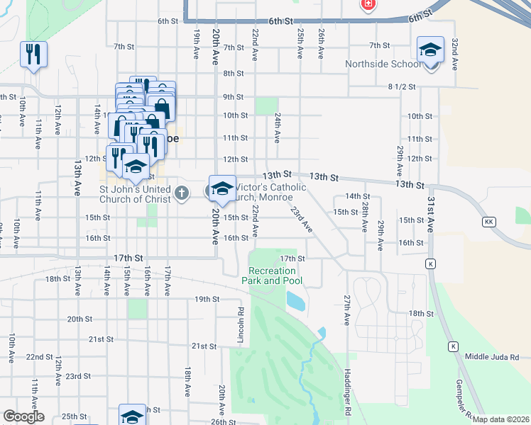 map of restaurants, bars, coffee shops, grocery stores, and more near 2203 14th Street in Monroe
