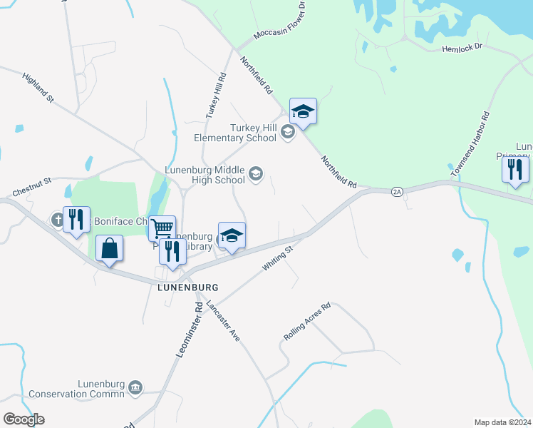 map of restaurants, bars, coffee shops, grocery stores, and more near 1079 Massachusetts Avenue in Lunenburg