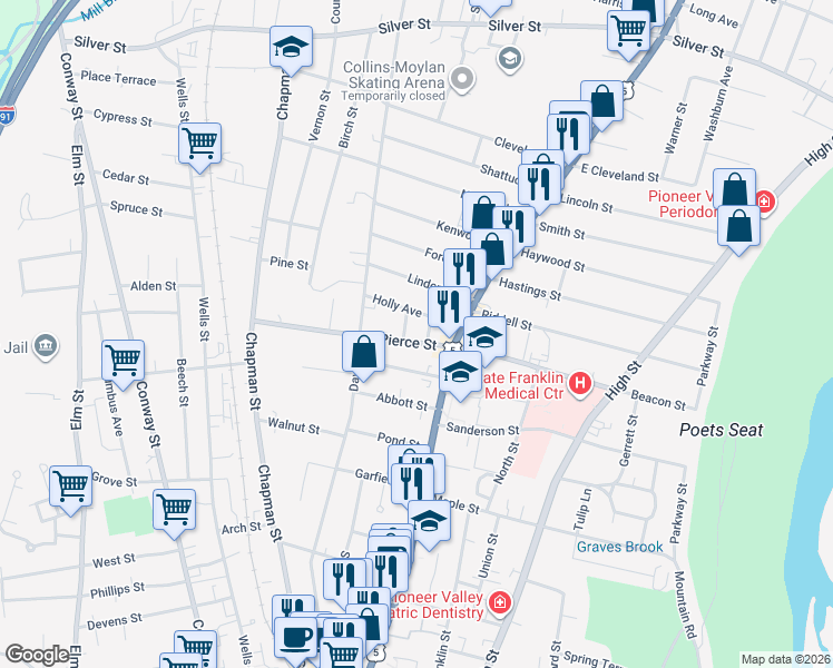 map of restaurants, bars, coffee shops, grocery stores, and more near 23 Holly Avenue in Greenfield