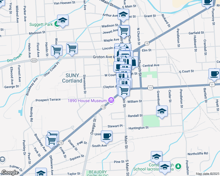 map of restaurants, bars, coffee shops, grocery stores, and more near 25 Clayton Avenue in Cortland