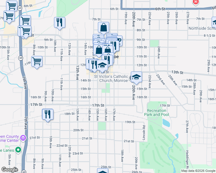 map of restaurants, bars, coffee shops, grocery stores, and more near 1619 14th Street in Monroe