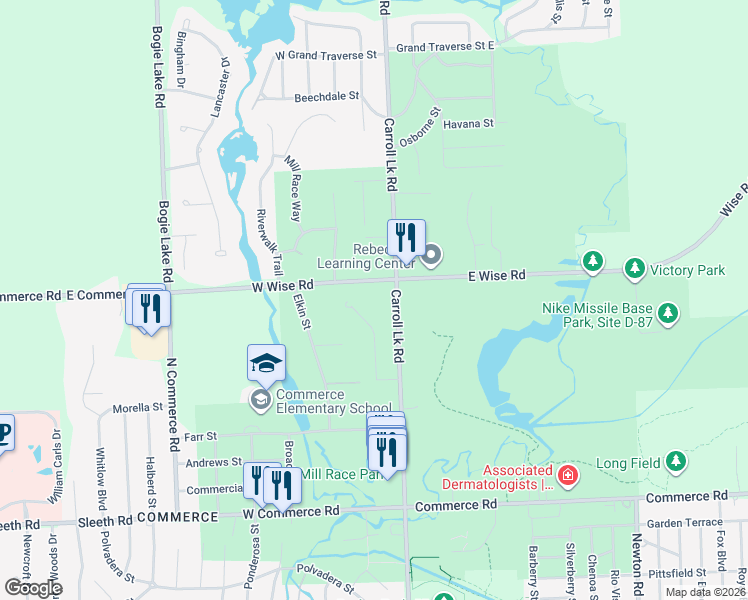 map of restaurants, bars, coffee shops, grocery stores, and more near 160 West Wise Road in Commerce Charter Township