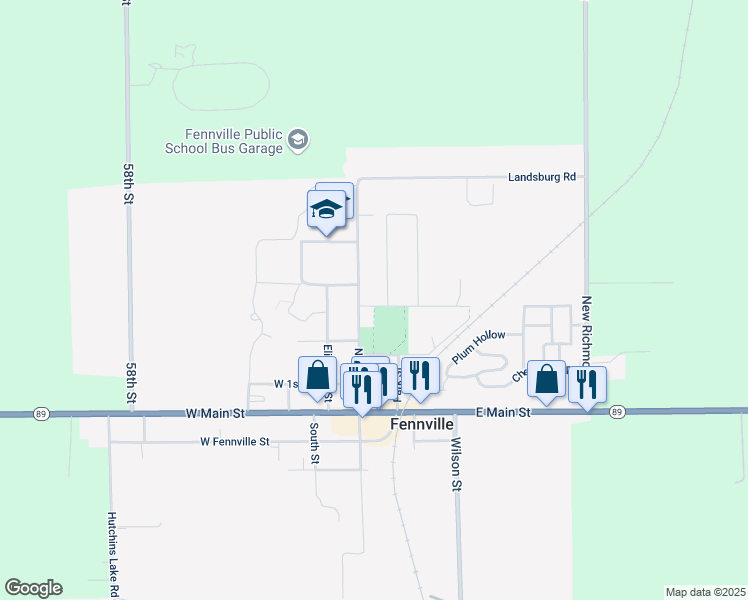 map of restaurants, bars, coffee shops, grocery stores, and more near 450 North Maple Street in Fennville