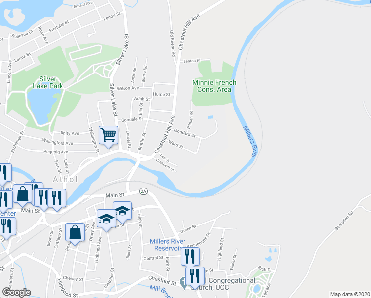 map of restaurants, bars, coffee shops, grocery stores, and more near 46 Ward Street in Athol