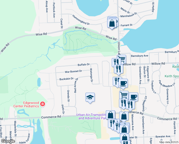 map of restaurants, bars, coffee shops, grocery stores, and more near 2515 Watonga Drive in Commerce Charter Township