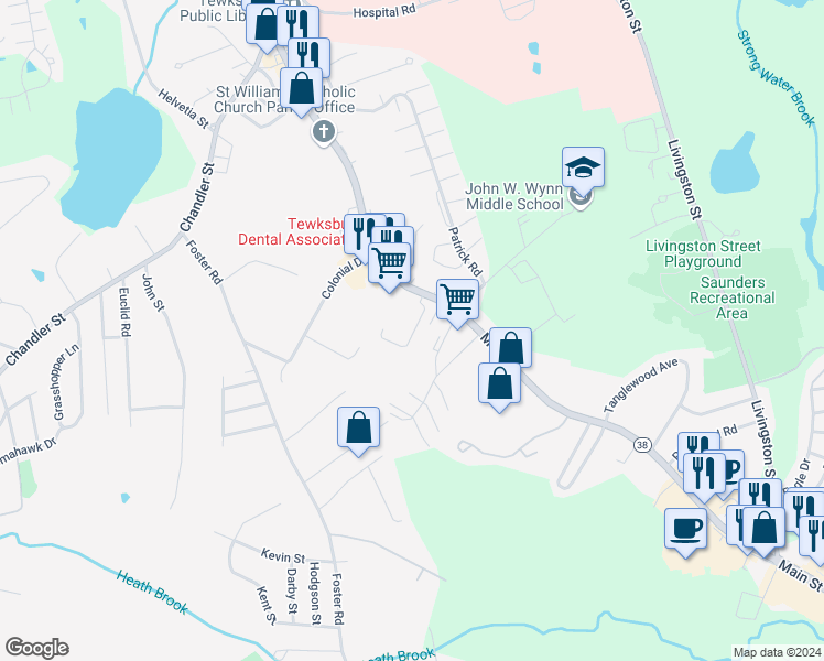 map of restaurants, bars, coffee shops, grocery stores, and more near 74 Villa Roma Drive in Tewksbury