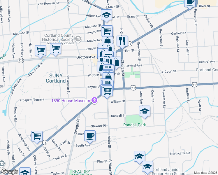 map of restaurants, bars, coffee shops, grocery stores, and more near 81 North Main Street in Cortland