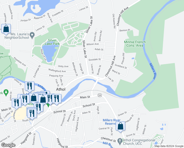 map of restaurants, bars, coffee shops, grocery stores, and more near 41 Massachusetts 32 in Athol