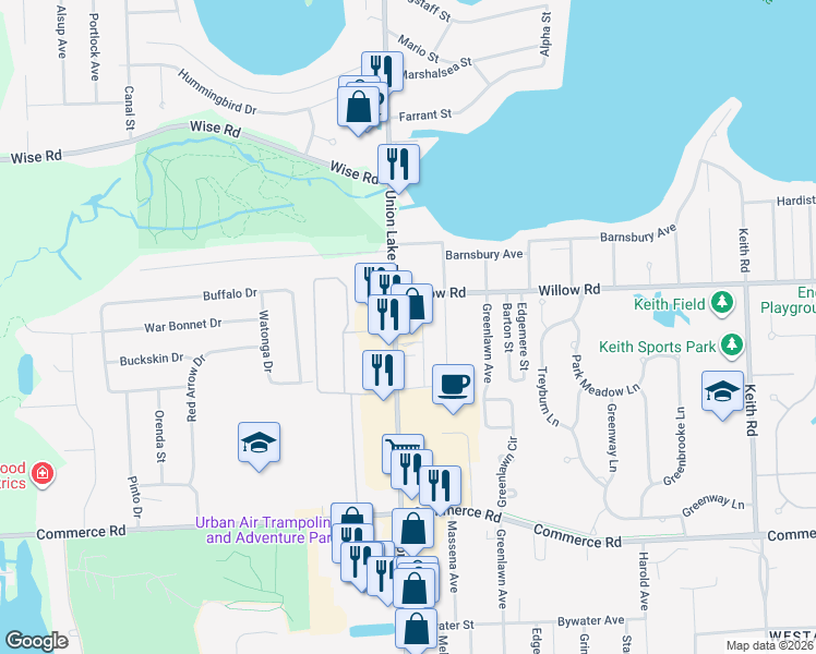 map of restaurants, bars, coffee shops, grocery stores, and more near 8145 Willow Road in Commerce Charter Township