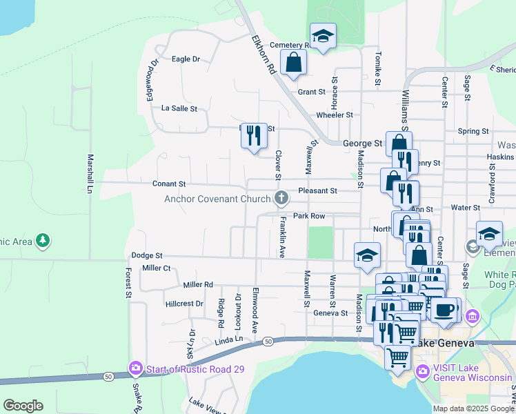 map of restaurants, bars, coffee shops, grocery stores, and more near 1316 Pleasant Street in Lake Geneva