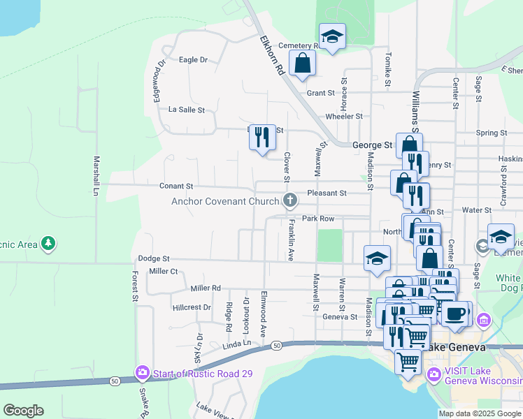 map of restaurants, bars, coffee shops, grocery stores, and more near 1316 Pleasant Street in Lake Geneva
