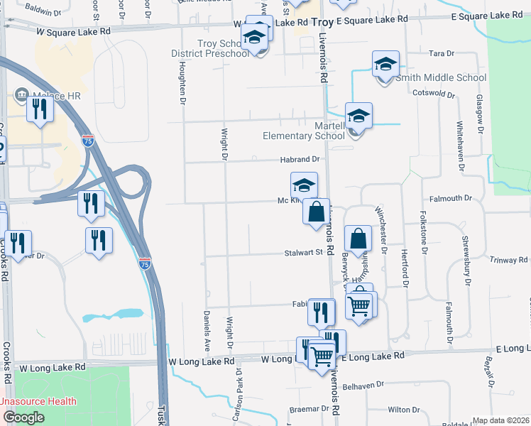 map of restaurants, bars, coffee shops, grocery stores, and more near 135 Mc Kinley Drive in Troy