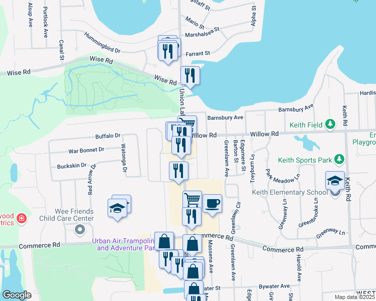 map of restaurants, bars, coffee shops, grocery stores, and more near 2500 Union Lake Road in Commerce Charter Township