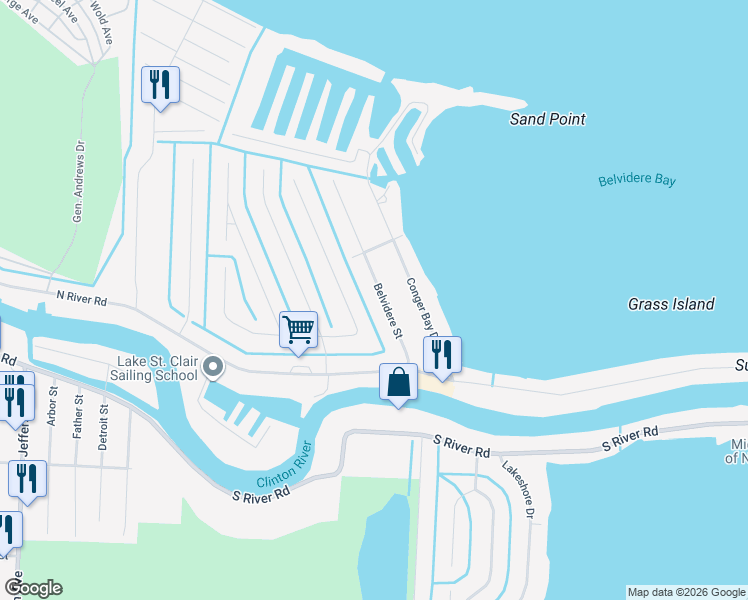 map of restaurants, bars, coffee shops, grocery stores, and more near 41284 Belvidere Street in Harrison Township