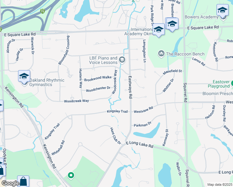 map of restaurants, bars, coffee shops, grocery stores, and more near 2911 Woodcreek Way in Bloomfield Hills