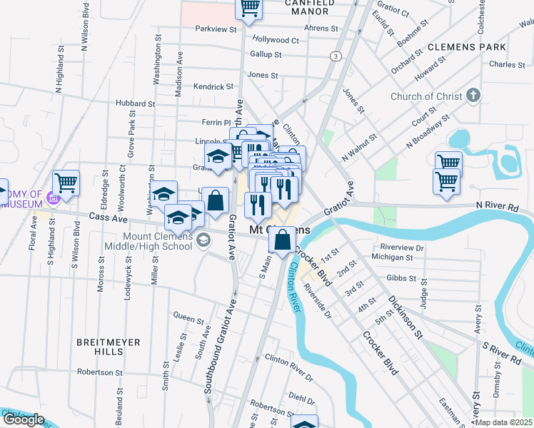 map of restaurants, bars, coffee shops, grocery stores, and more near 63 Macomb Place in Mount Clemens