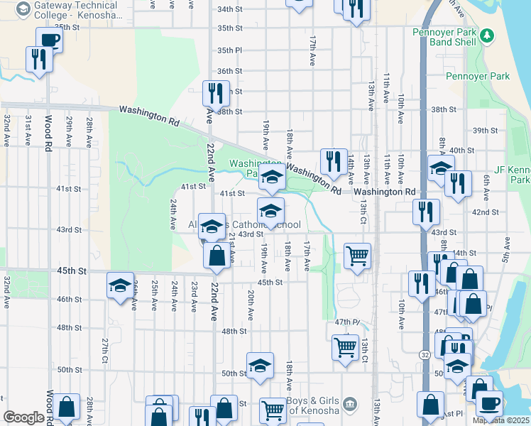 map of restaurants, bars, coffee shops, grocery stores, and more near 1832 43rd Street in Kenosha
