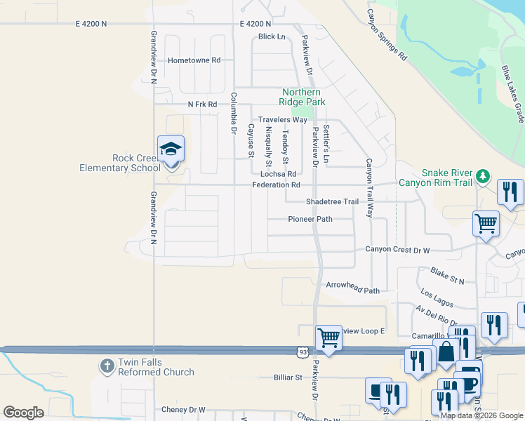 map of restaurants, bars, coffee shops, grocery stores, and more near 2067 Red Rock Way in Twin Falls