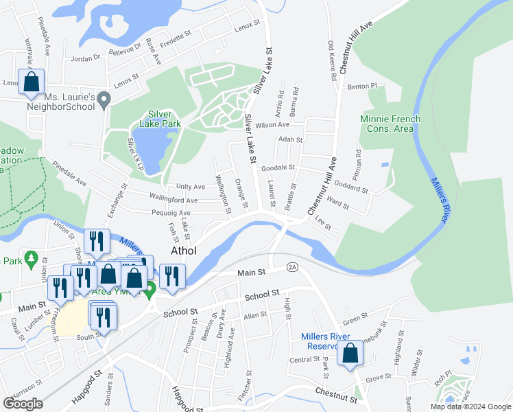 map of restaurants, bars, coffee shops, grocery stores, and more near 41 Massachusetts 32 in Athol