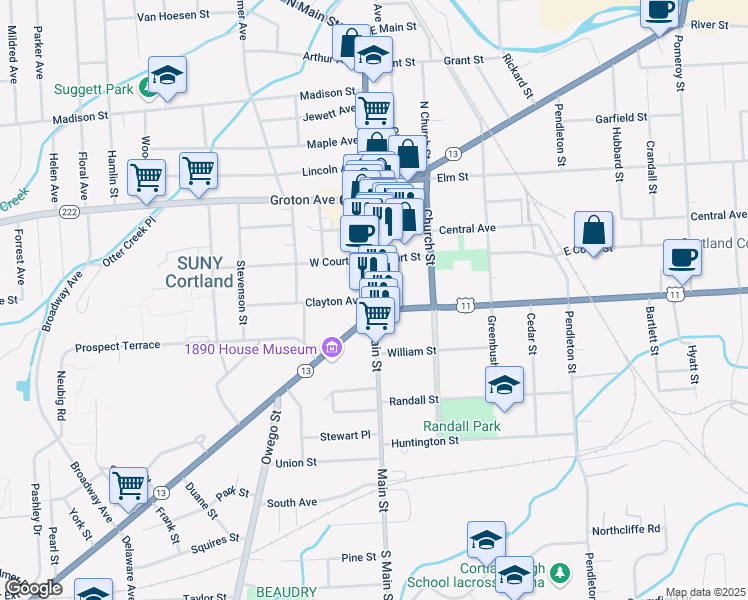 map of restaurants, bars, coffee shops, grocery stores, and more near Main Street & Clayton Avenue in Cortland