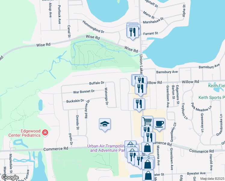 map of restaurants, bars, coffee shops, grocery stores, and more near 2515 Watonga Drive in Commerce Charter Township