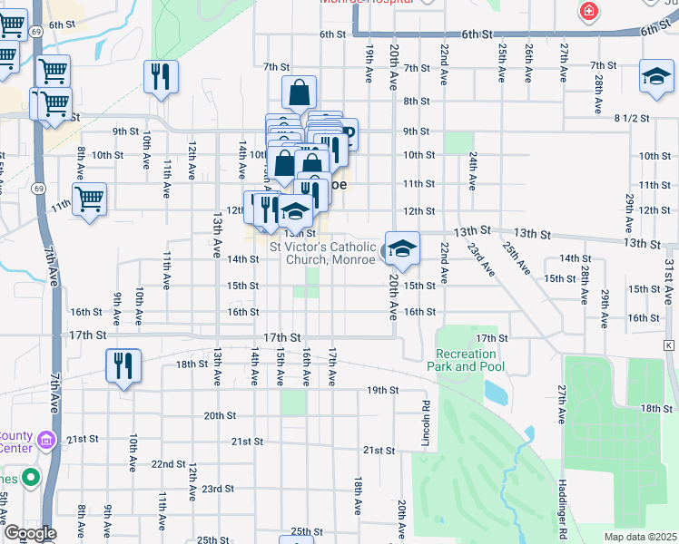 map of restaurants, bars, coffee shops, grocery stores, and more near 1410 17th Avenue in Monroe
